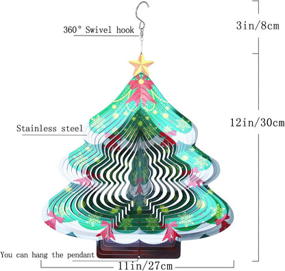 Christmas 3D Wind Spinners Ornament, 12in Large Stainless Steel Outdoor Christma Tree for Winter