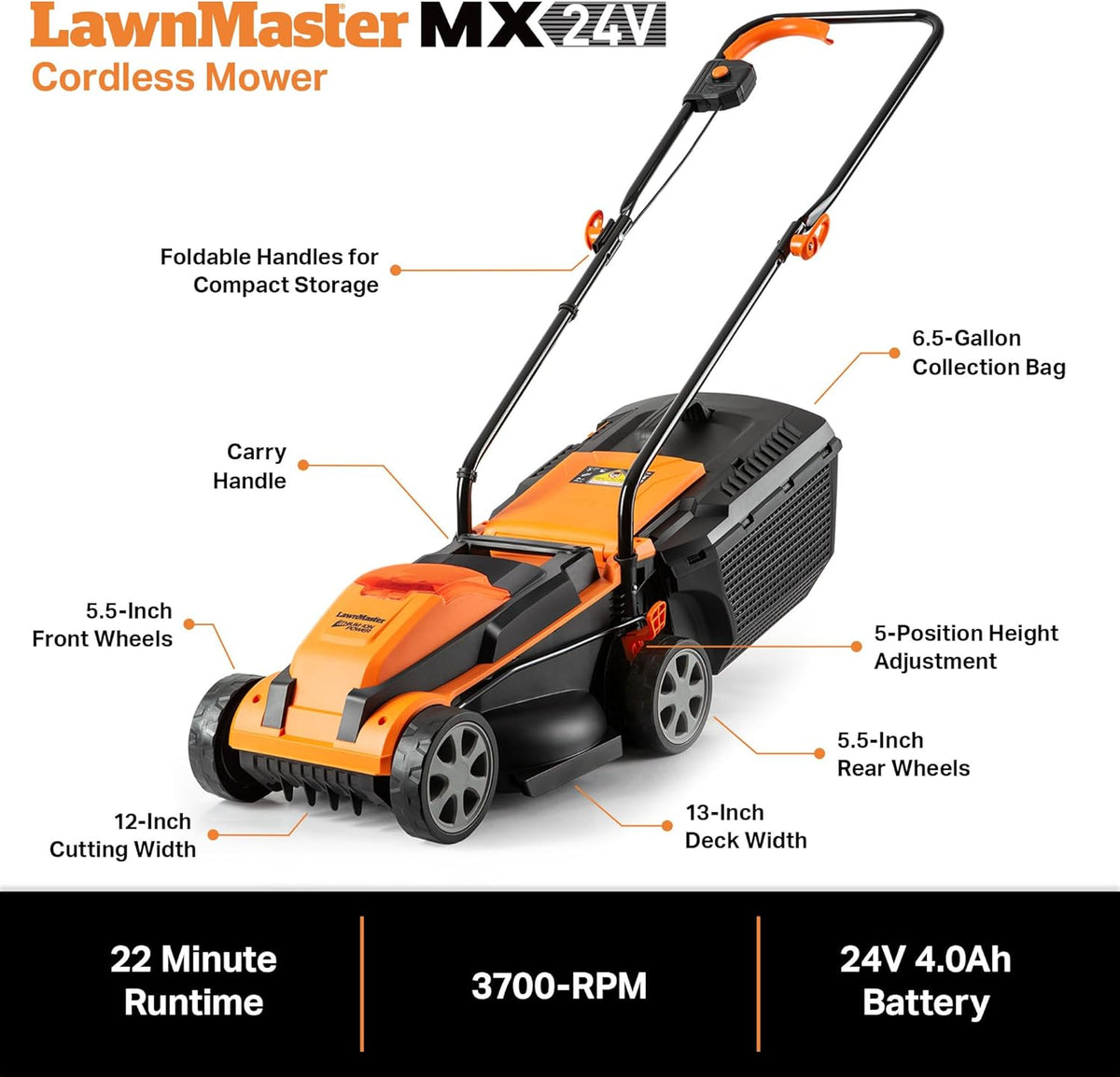 LawnMaster 20VMWGT 24V Max 13-inch Lawn Mower and Grass Trimmer 10-inch Combo with 2x4.0Ah