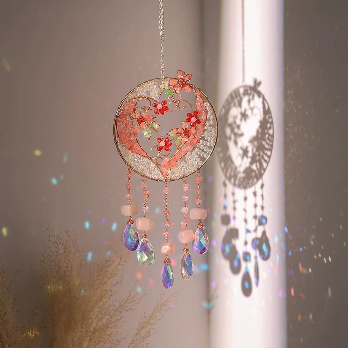 TUOKING Crystal Suncatchers for Window Pink Love Dreamy Crystal Natural Stone Sun Catchers Rainbow