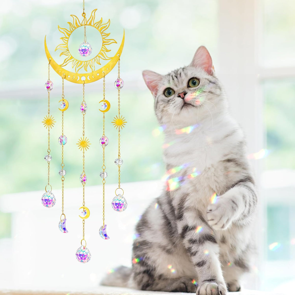 H&D HYALINE & DORA Sun and Moon Suncatcher Crystal Wind Chimes for Hanging Outdoor Indoor Glass