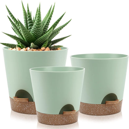 Indoor Self Watering Planters with Drainage Holes and Saucers, 9,8, 7.5 Inches, Green, 3 Pots