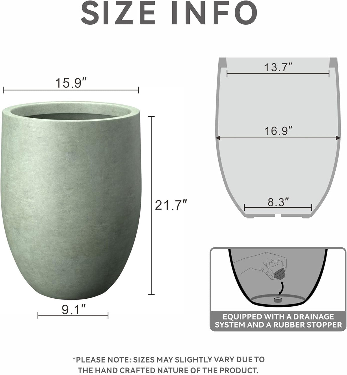 Kante 21.7" H Mint Green Tall Planter, Large Outdoor Indoor Decorative Pot with Drainage Hole and