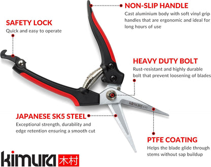 Kimura® 8" Pro Pruning Scissors, Premium Japanese SK5 Hi-Carbon Steel Blades, Non-Slip Vinyl Coated