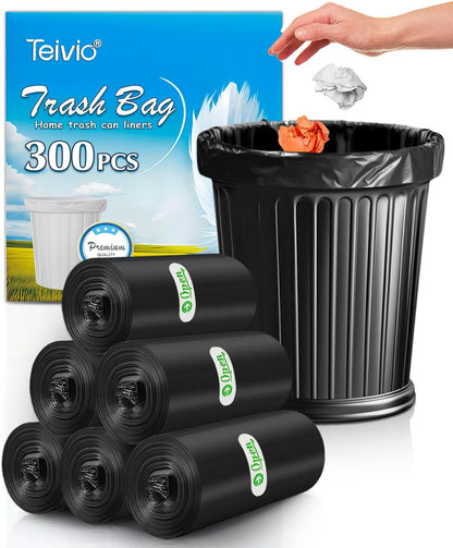 Teivio 3 Gallon 300 Counts Strong Trash Bags Garbage Bags, Bathroom Trash Can Bin Liners, Small