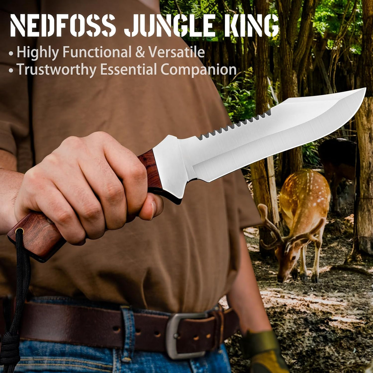 NedFoss 13" Survival Knife with Sheath, 7" Large Blade Camping Knives with Rosewood Handle, Full