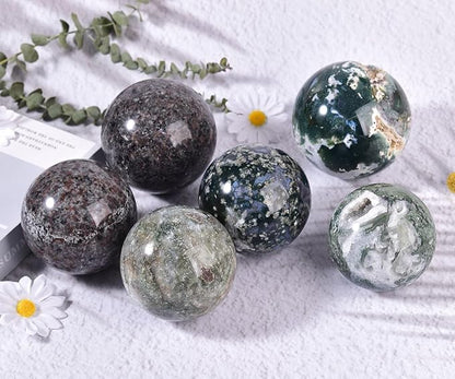 Large Moss Agate Crystal Sphere Natural Healing Crystal Ball with Stand Meditation Decorative Balls