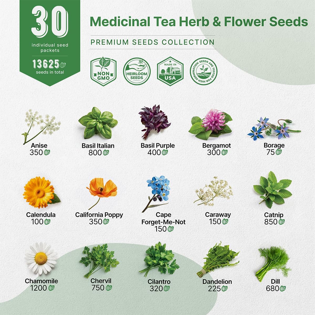 Organo Republic 30 Medicinal Tea Herb & Flower Seeds Variety Pack - 13600+ Non-GMO Heirloom Flower