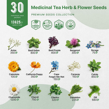 Organo Republic 30 Medicinal Tea Herb & Flower Seeds Variety Pack - 13600+ Non-GMO Heirloom Flower