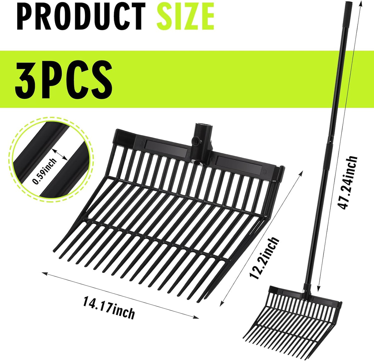 Lasnten 3 Sets Manure Fork with Long Metal Handle Pitch Fork Manure Rake Heavy Duty Muck Rake for