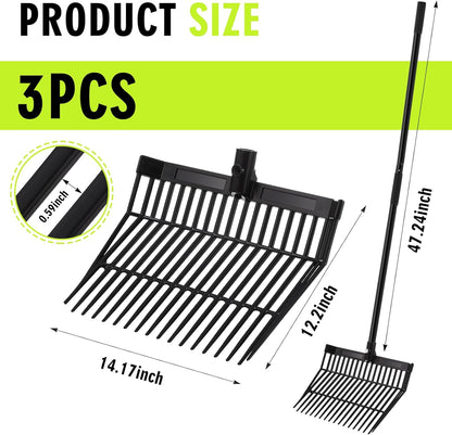 Lasnten 3 Sets Manure Fork with Long Metal Handle Pitch Fork Manure Rake Heavy Duty Muck Rake for