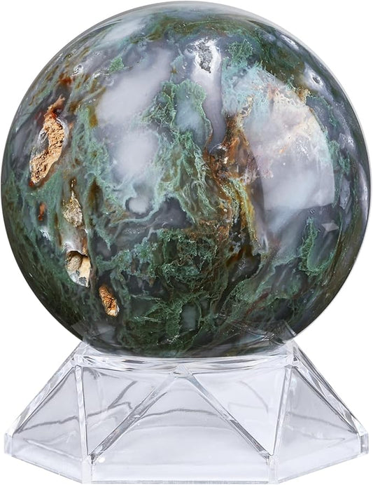 Natural Moss Agate Crystal Ball with Acrylic Display Base, 71-80mm Polished Stone Feng Shui Crystal