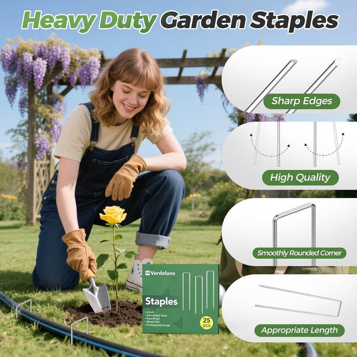 25 Pack Garden Staples,6 Inch 11 Gauge Galvanized U-Shaped Garden Stakes,Heavy-Duty Ground Yard