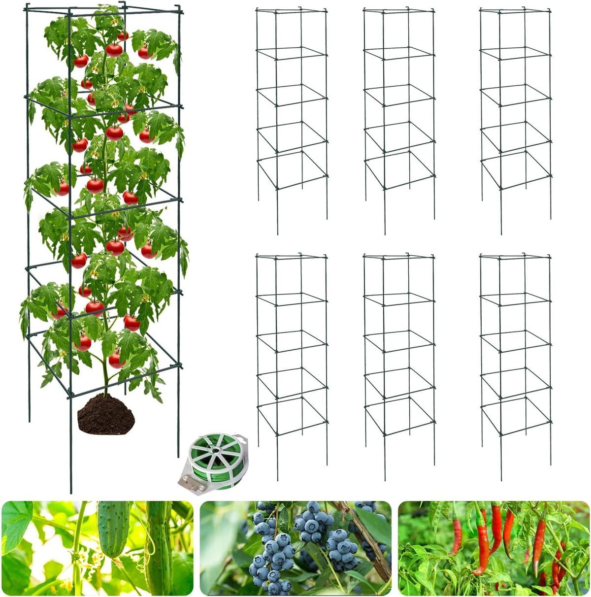 6 Packs Tomato Cages for Garden, 12"×12"×48" Plant Support Cage with Different Spacing, Green Metal