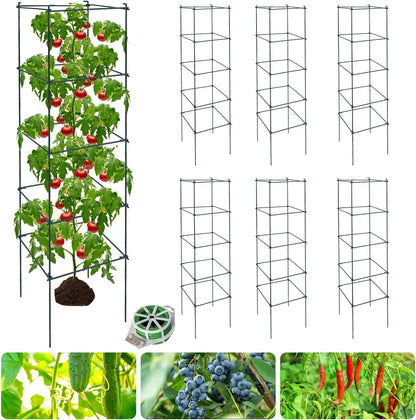 6 Packs Tomato Cages for Garden, 12"×12"×48" Plant Support Cage with Different Spacing, Green Metal