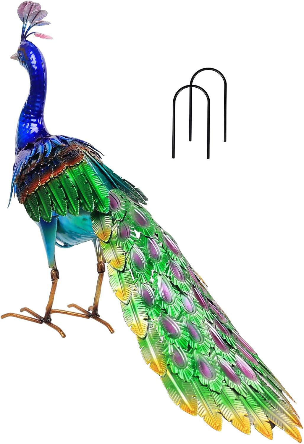 YEAHOME Garden Decor Outdoor Statues, 24.4" Large Metal Peacock Standing Yard Art, Blue Green Bird