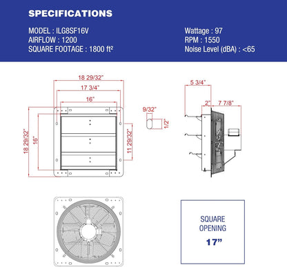 iLiving - 16" Wall Mounted Exhaust Fan - Automatic Shutter - Variable Speed - Vent Fan For Home