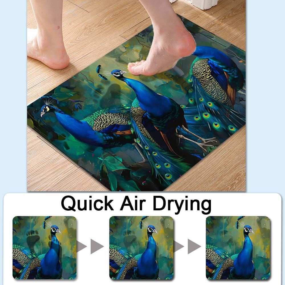 Bath Mat-Bathroom Rug，Three Peacocks-Absorbent Non Slip Quick Dry Stain Resistant Easy to Clean