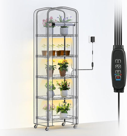 Abimars 5-Tier Mini Greenhouse with Grow Light, Shelf Height Adjustable Metal Plant Shelf with PVC