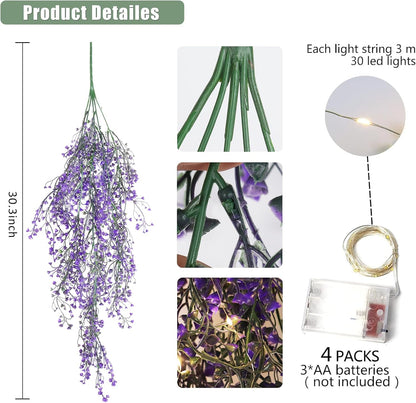 RECUTMS Artificial Hanging Plant 4 Pack Fake Fern with LED Lights Ivy Vines 2.5ft Faux Hanging