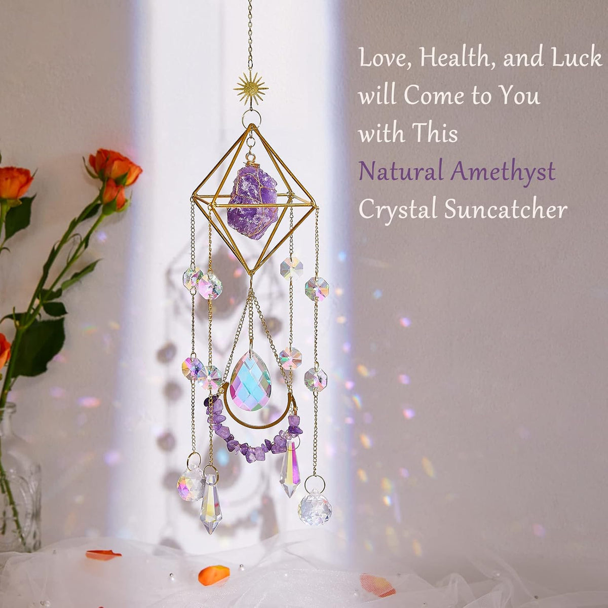 Amethyst Crystal Suncatcher - Hanging Gold Plated Garden Sun Catcher for Windows, Healing Amethyst