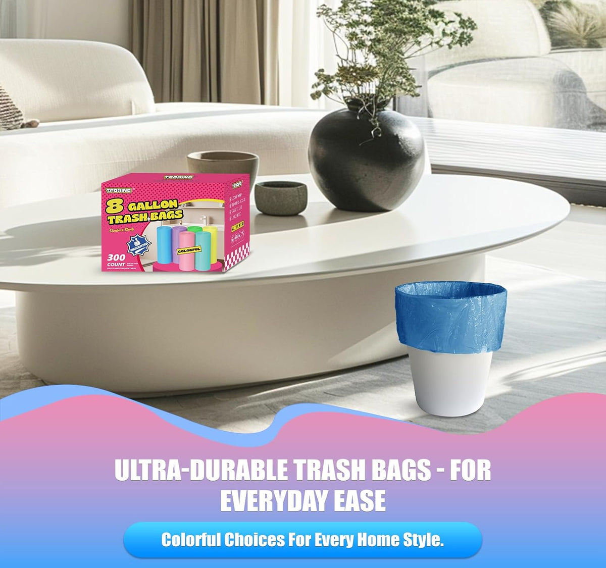 300 Count 8 Gallon Trash Bags - Heavy Duty Medium Garbage Bags 30 Liter Unscented 0.94 Mil Thick &