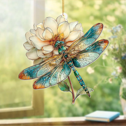 Dragonfly Ornament Stained Glass Style – Acrylic Window Hanging Suncatcher with Flower, Dragonfly