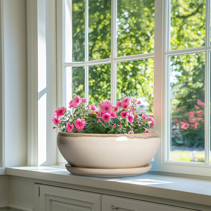 SQOWL Bonsai Pots 12 Inch - Large Ceramic Succulent Planters, Shallow Planter with Drainage Hole