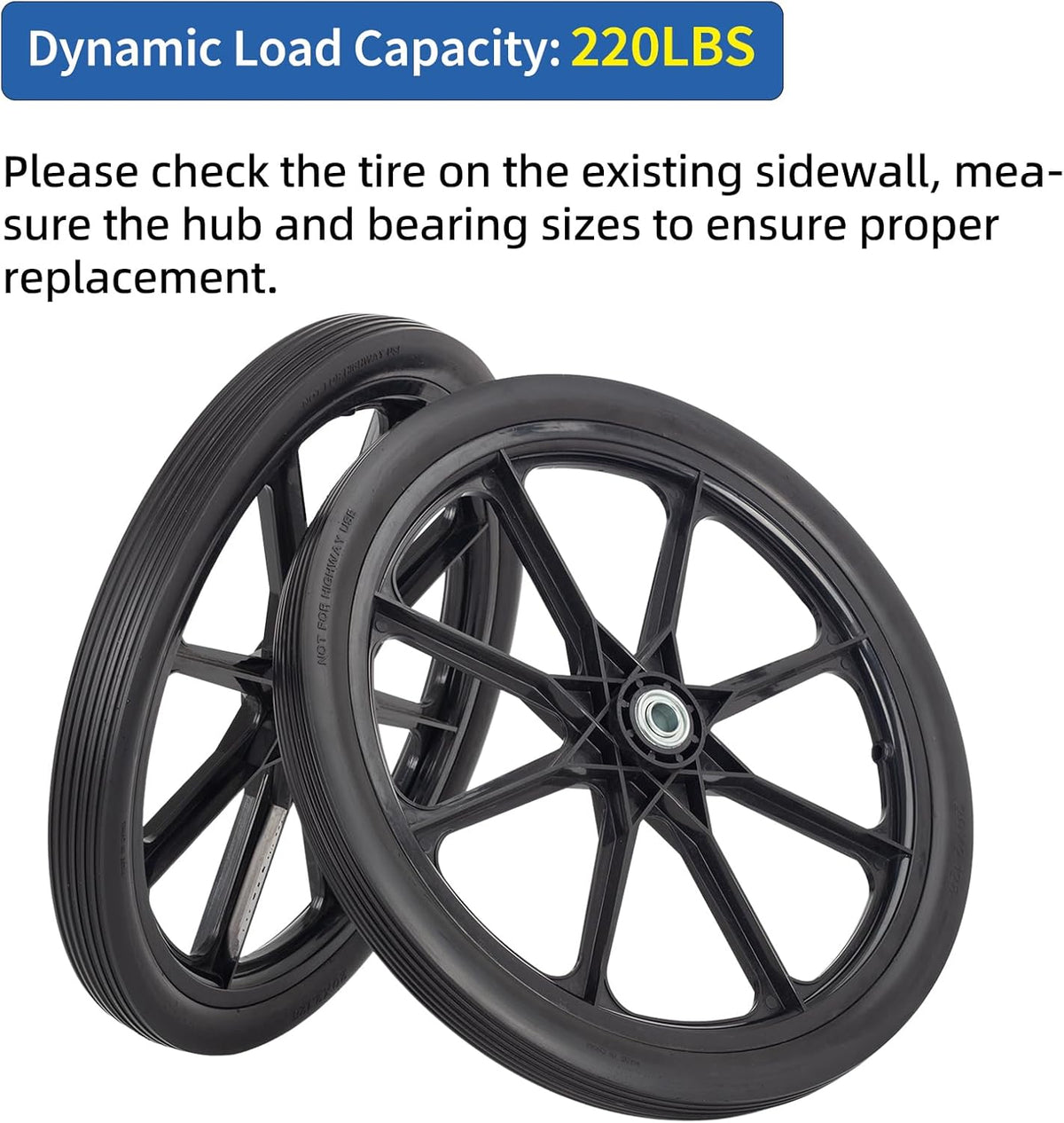 20" Flat Free Tire and Wheel, with 3/4" & 5/8" Bearing, 2.45" Centered Hub, Replacement Wheel For