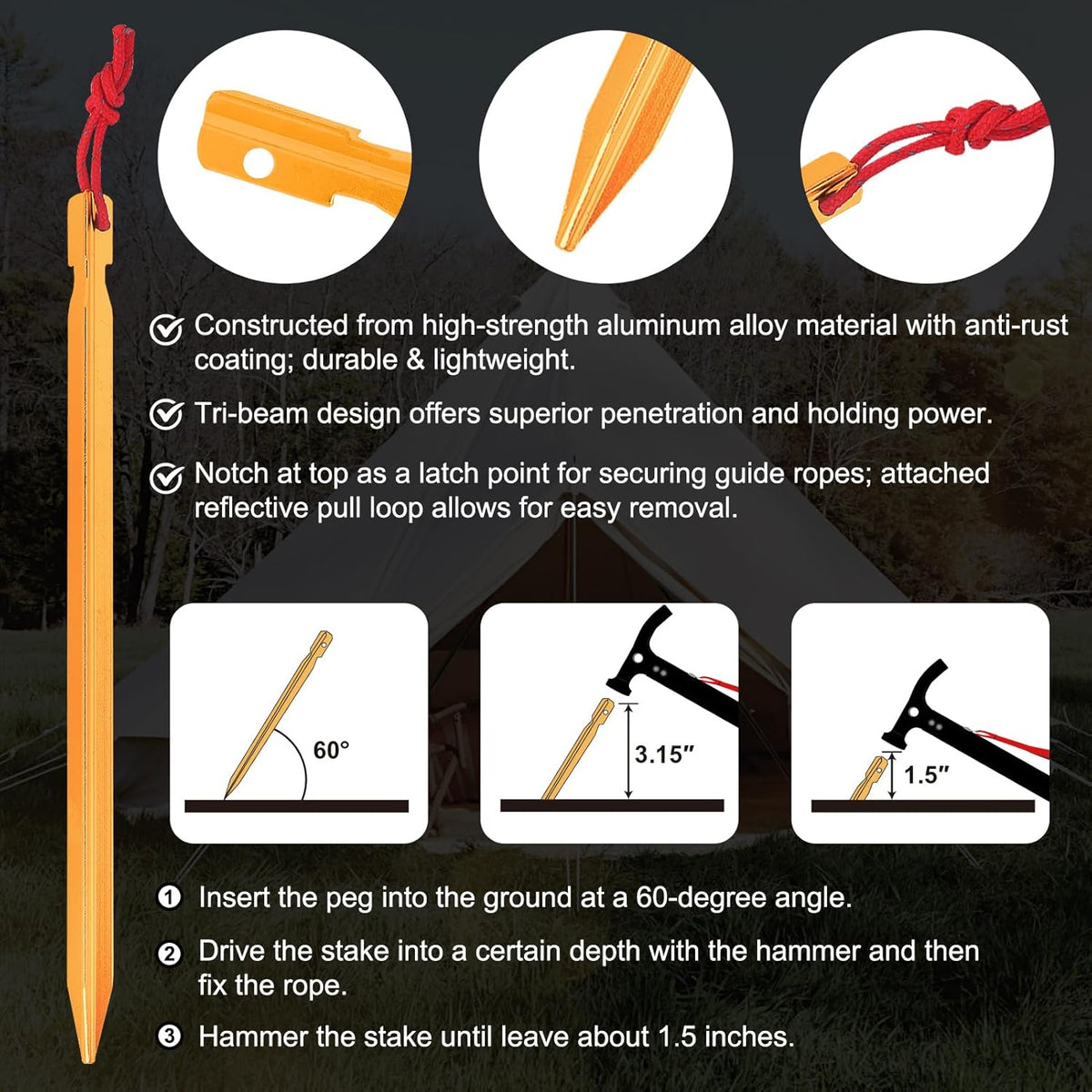 Eurmax USA Hiking Camping Tent Stakes and Hammer Set Lightweight Multi-Function Tent Hammer with
