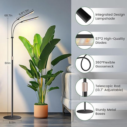 Black Floor Grow Lights for Indoor Plants, 2-Heads Full Spectrum LED Plant Grow Light with