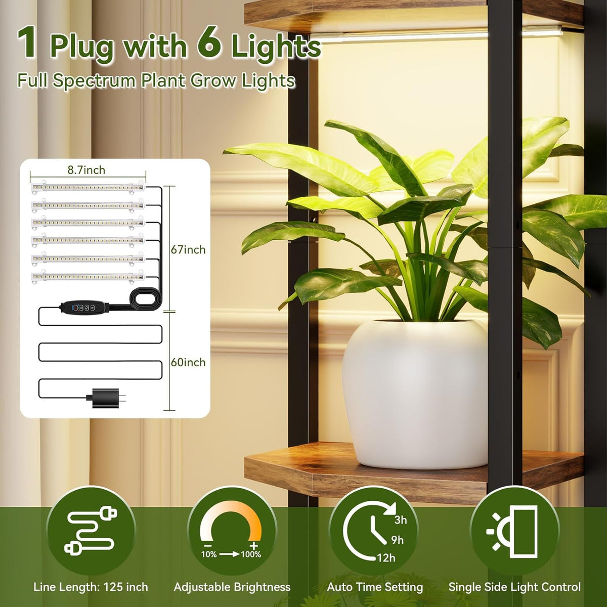 C1 Plant Stand Indoor with 6 Grow Lights, 6 Tiered Large Metal Plant Stand, 55 Inches Tall Plant