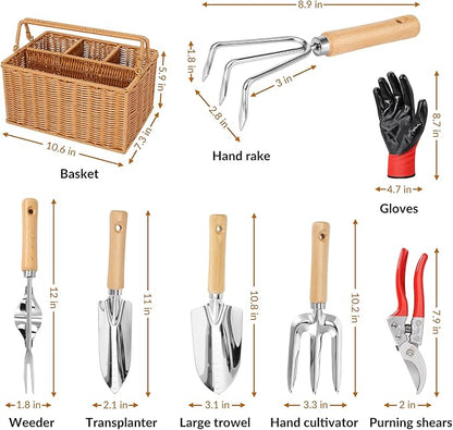 SOLIGT Garden Tools Set with Basket, Heavy Duty Stainless Steel Gardening Hand Tool with Wood