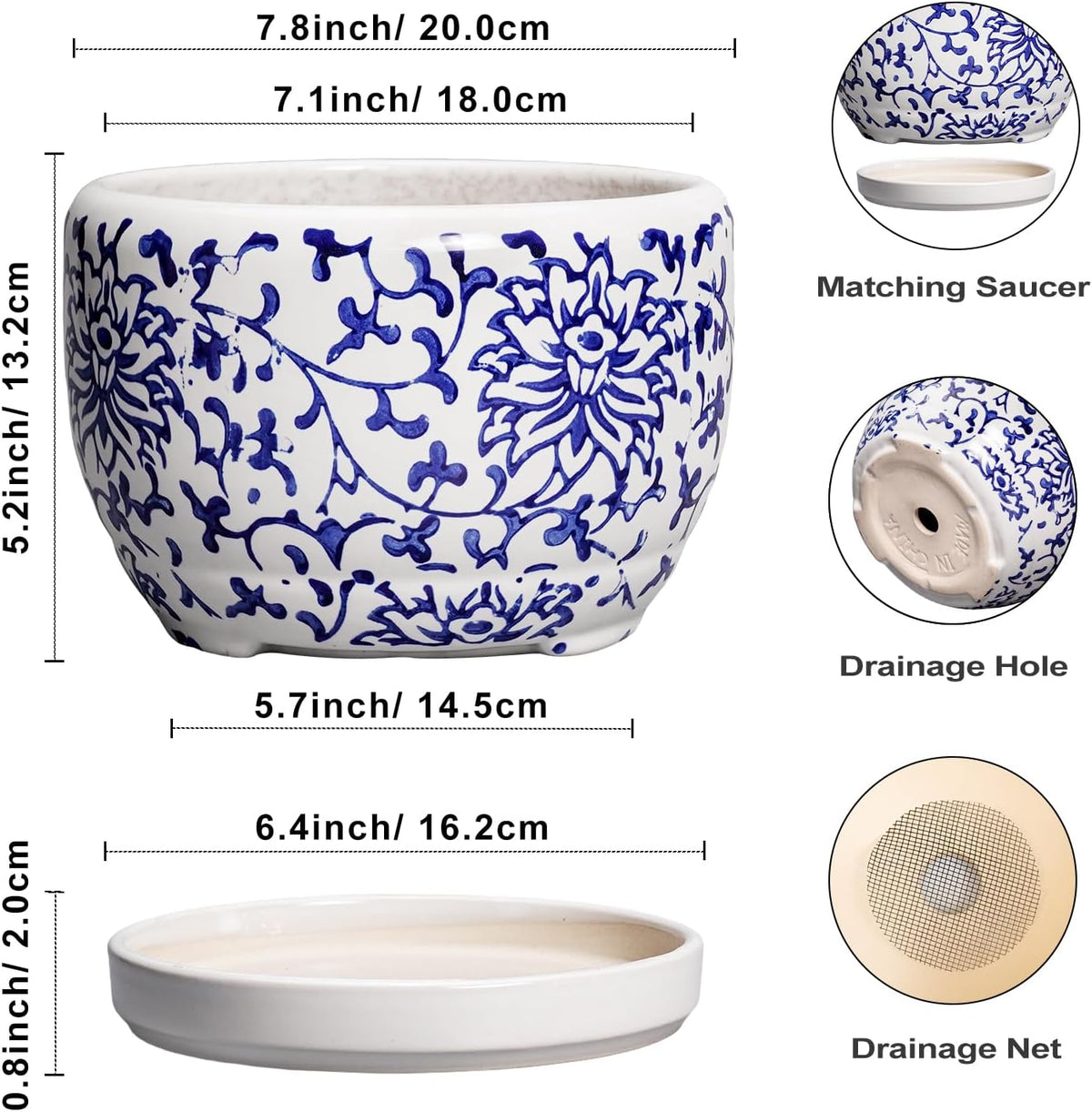 SQOWL Ceramic Pots for Plants - 8 inch Ceramic Planter with Drainage Hole and Saucer, Round Flower