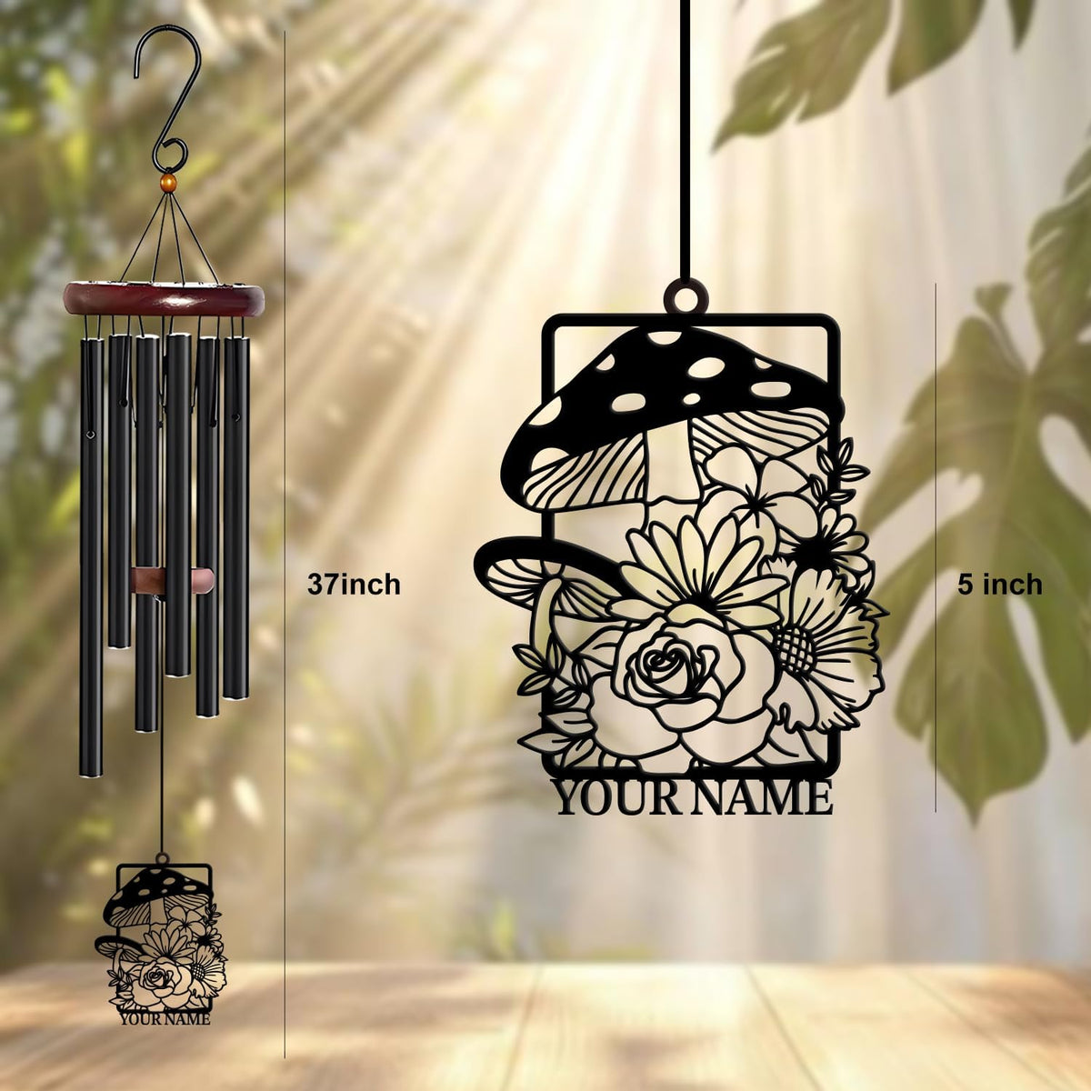 Personalized Customize Name Fantasy Mushroom Wonderland Wind Chime, Metal Iron 37 Inch Outdoor
