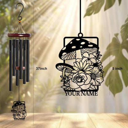 Personalized Customize Name Fantasy Mushroom Wonderland Wind Chime, Metal Iron 37 Inch Outdoor