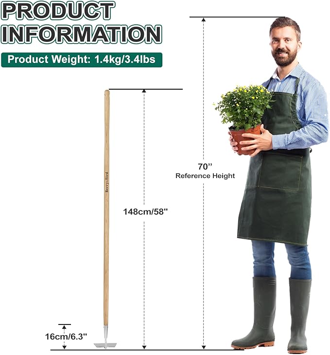 Berry&Bird Flat Edge Garden Hoe, 58'' Hoes Garden Tool with Long Wood Handle, Stainless Steel