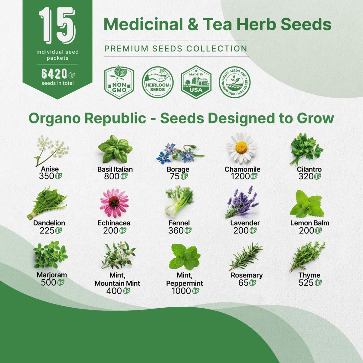 Organo Republic 15 Medicinal & Tea Herb Seeds Variety Pack 6,420+ Non-GMO Heirloom Garden Seeds for
