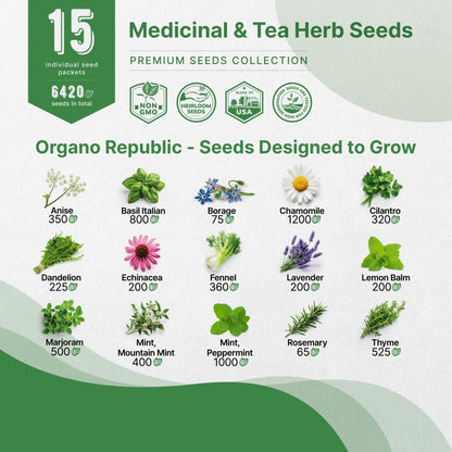 Organo Republic 15 Medicinal & Tea Herb Seeds Variety Pack 6,420+ Non-GMO Heirloom Garden Seeds for