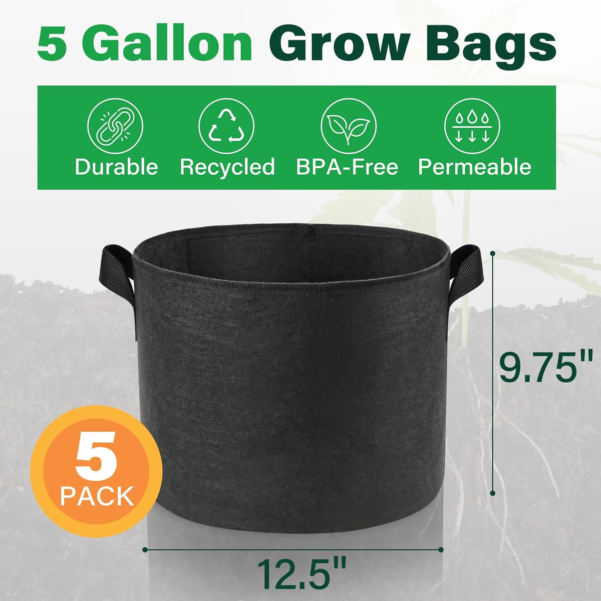 LotFancy 5 Pack 5 Gallon Grow Bags, Thickened Nonwoven Fabric Pots with Reinforced Handles, Heavy