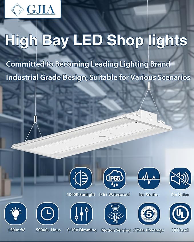 LED Linear High Bay Light 4-Pack, 300W 45000LM 0-10V Dimmable 5000K Daylight, Adjustable High Bay