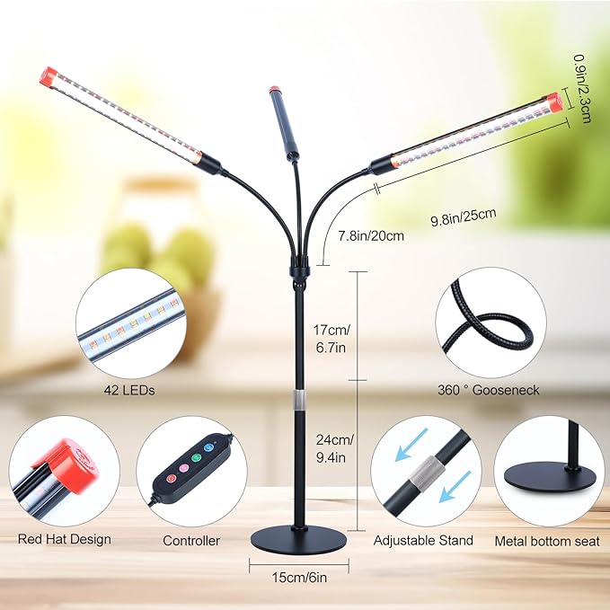3-Head Table Top Grow Lights for Indoor Plants, Seed Starting, Bonsai with Timer, 27W Power Home