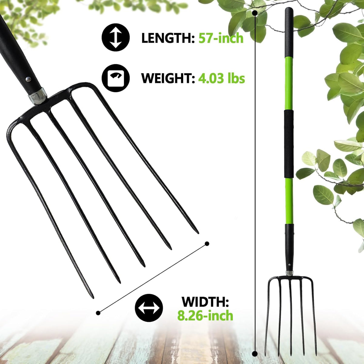 Pitch Fork-57 Inch，5-Tine Steel Garden Fork Heavy Duty, Mulch with Cushion Grip, Green Fiberglass