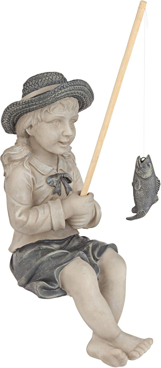 Design Toscano Big Catch Fisherwoman Nellie Girl with Fishing Pole Garden Statue, Medium 17 Inch