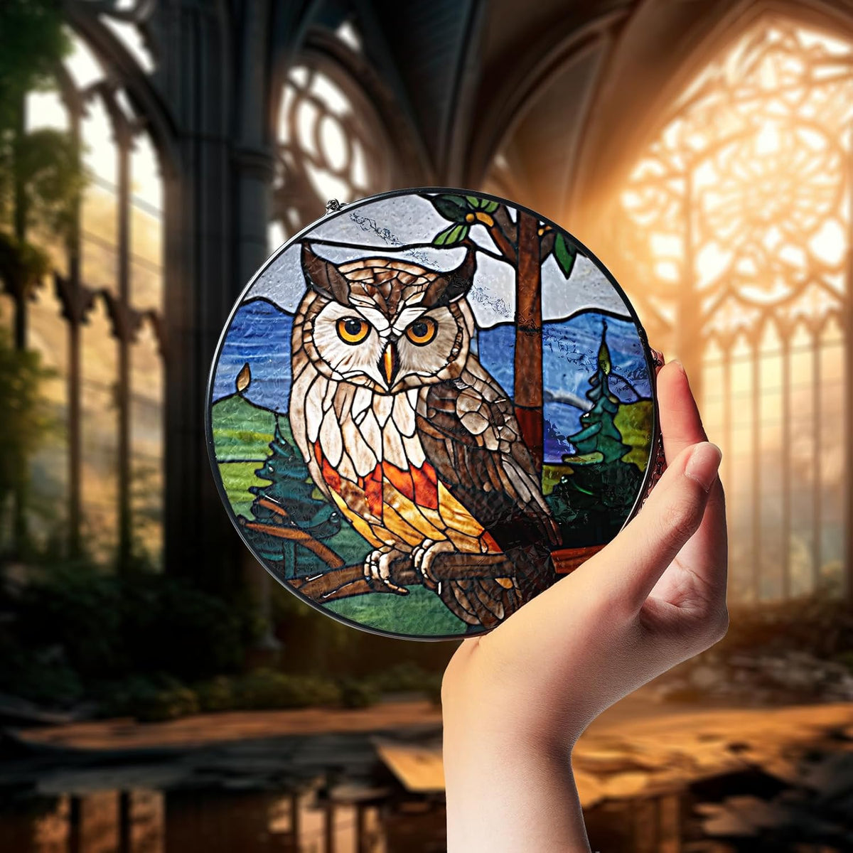 7.8" Owl Stained Glass Suncatchers Art Glass Wildlife Bird for Sun Catcher Indoor Window Gifts for