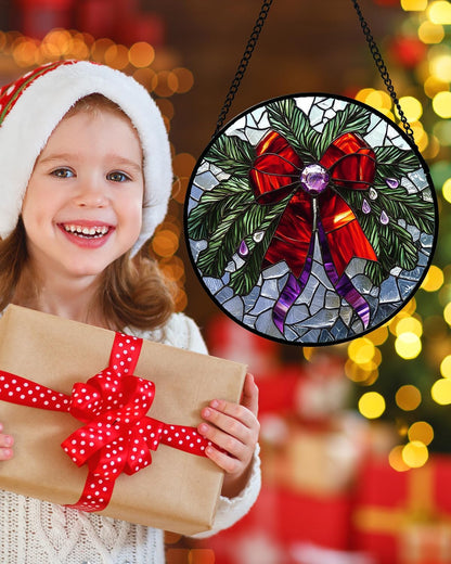 Stained Glass Window Hanging - Purple Gem Christmas Wreath Suncatcher for Doors Home Christmas