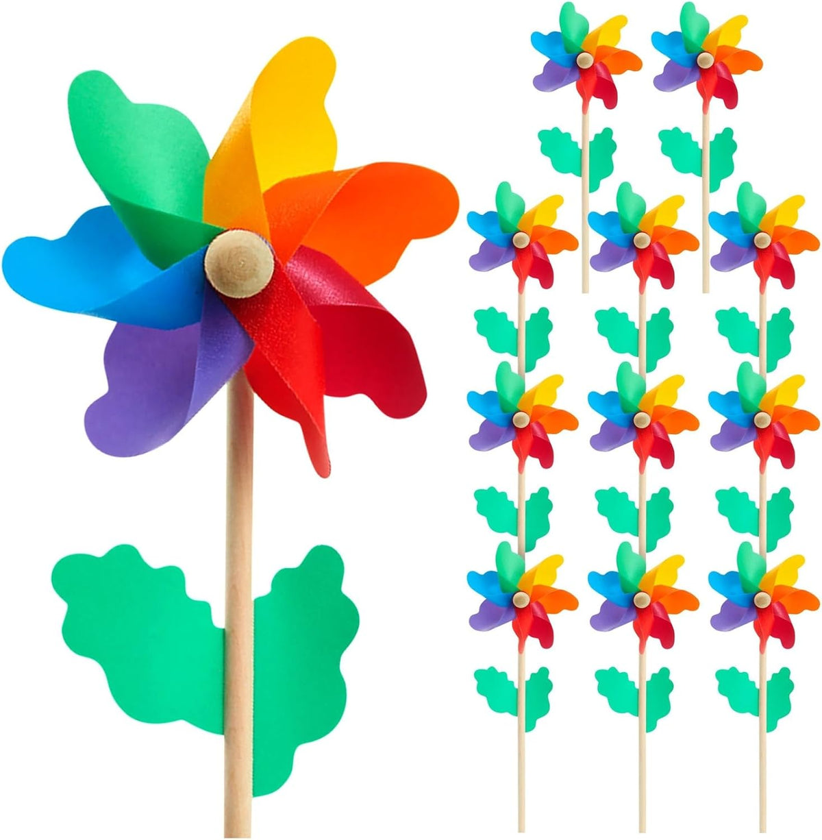 Blue Panda 12-Pack Rainbow Flower Pinwheels for Yard and Garden - Wind Spinners and Outdoor Party