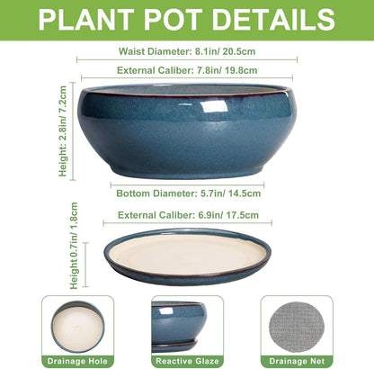 SQOWL Bonsai Pots - 8 Inch Ceramic Succulent Pots with Drainage Hole and Saucer, Round Shallow