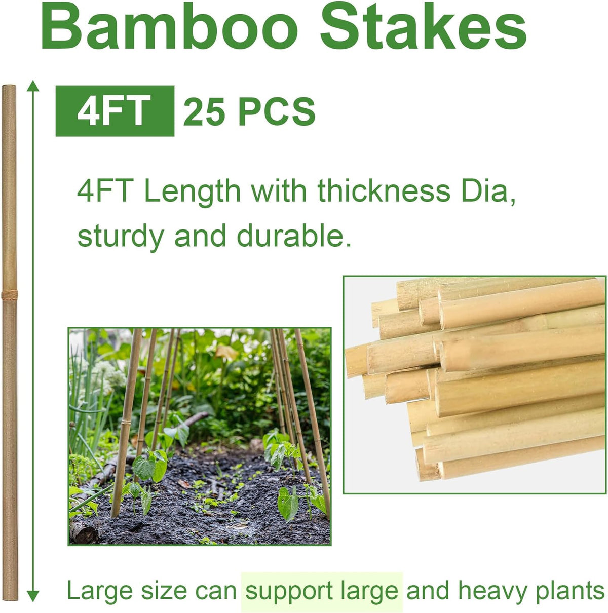 Garden Stakes 4ft, Natural Bamboo Stakes 4 Feet, Thicker Sturdy Plant Stakes 25 Pack for Tomatoes