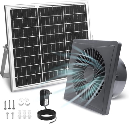 Solar Exhaust Fan, 25W Solar Panel + 8" Ventilation Vent Fan, with Power Adapter, Anti-backflow