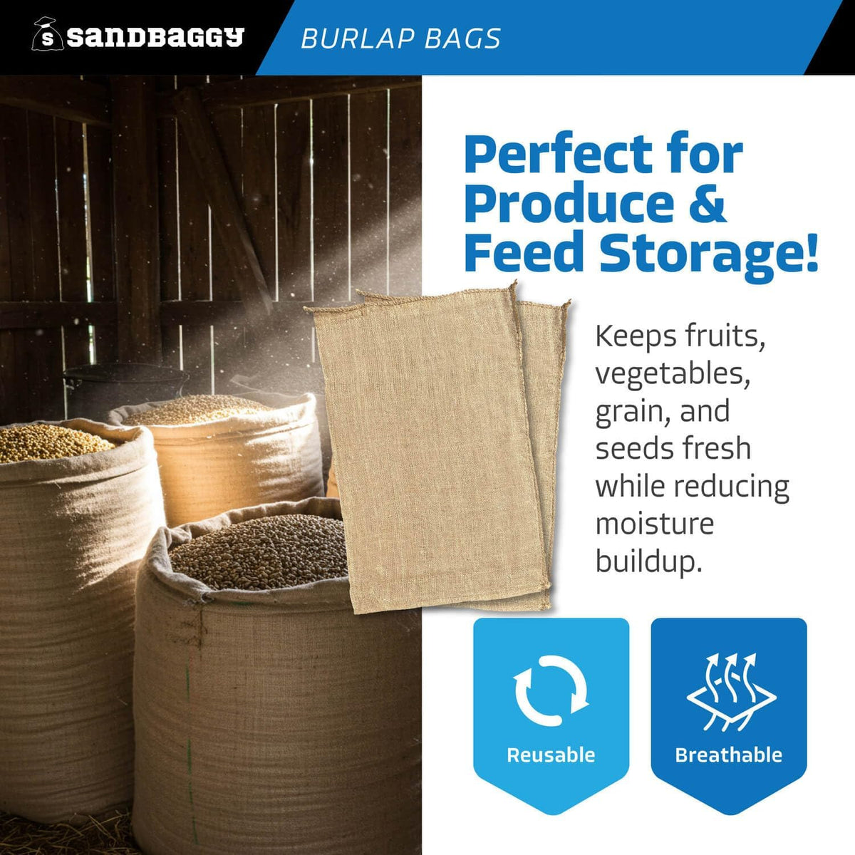 Sandbaggy Large Burlap Bags 18" x 30" - Burlap Bags for Planting/Gardening (Pack of 10)